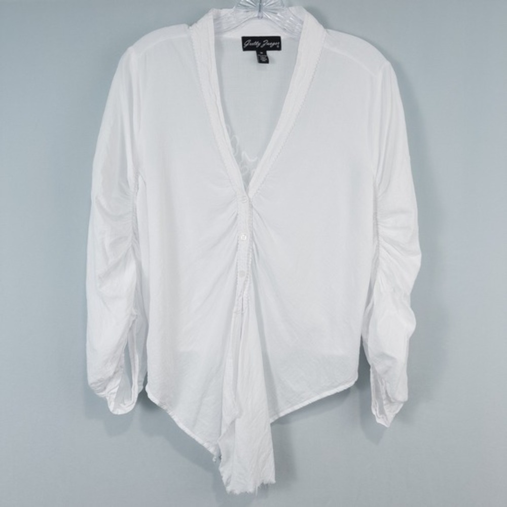 Gretty Zueger Embroidered Ruched Sleeve Cotton Blouse White Medium Boho Artsy‎
